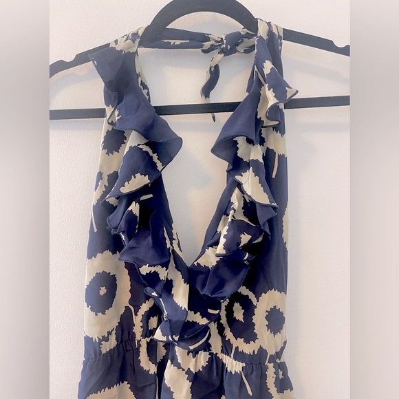 Amanda Uprichard Ruffle Halter Mini V neck dress in Navy/Cream Pattern - Small - Picture 8 of 12